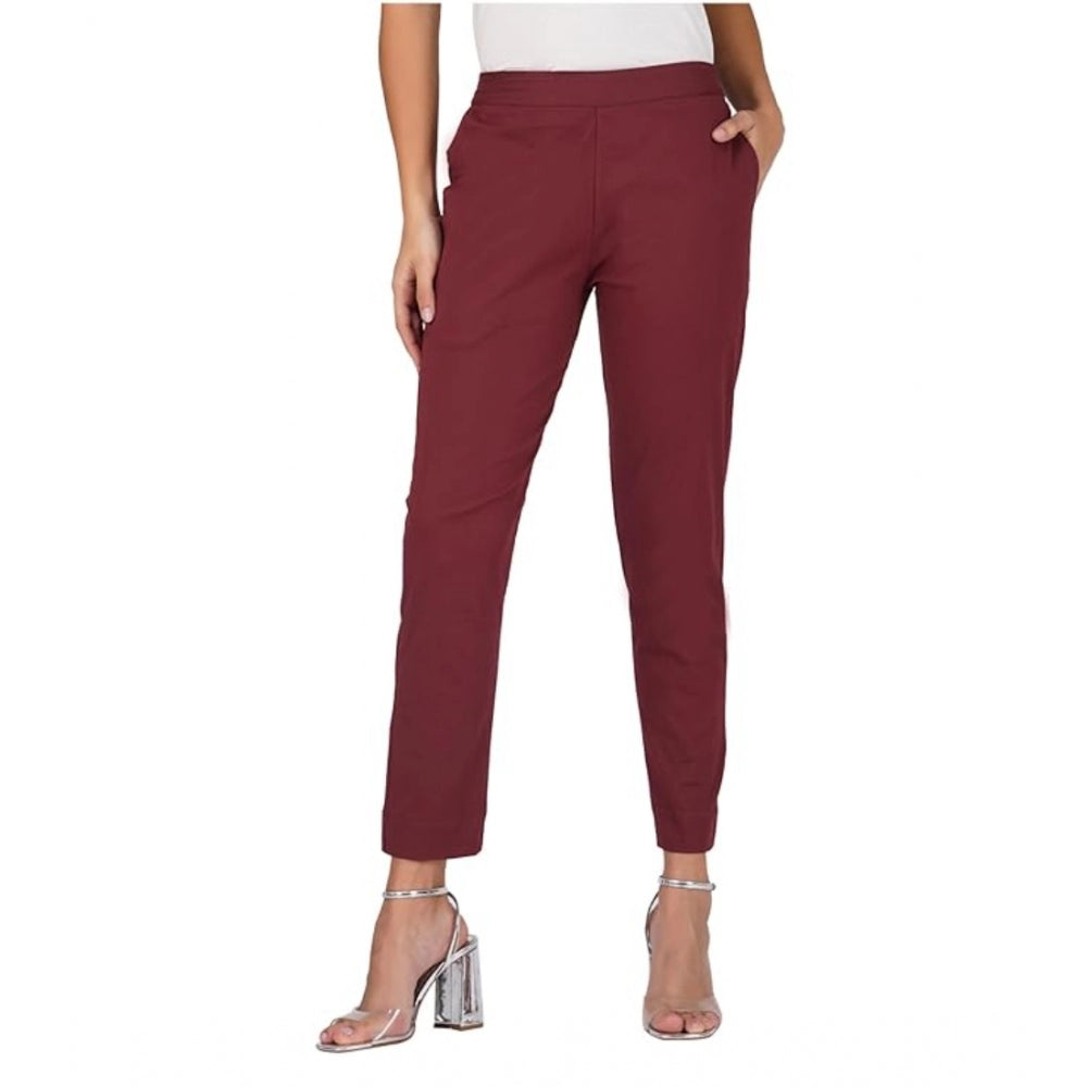 Amfyn Women's Casual Cotton Lycra Solid Trouser Pants (Maroon)