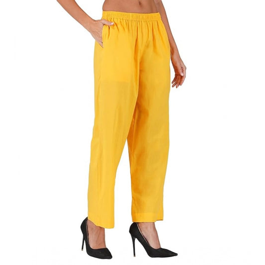 Amfyn Women's Casual Cotton Cambric Solid Elastic Palazzo Trousers (Yellow)