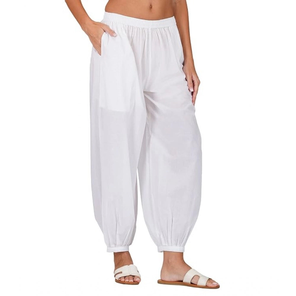 Amfyn Women's Casual Cotton Cambric Solid Elastic Waist Patiala Harem Pants (White)