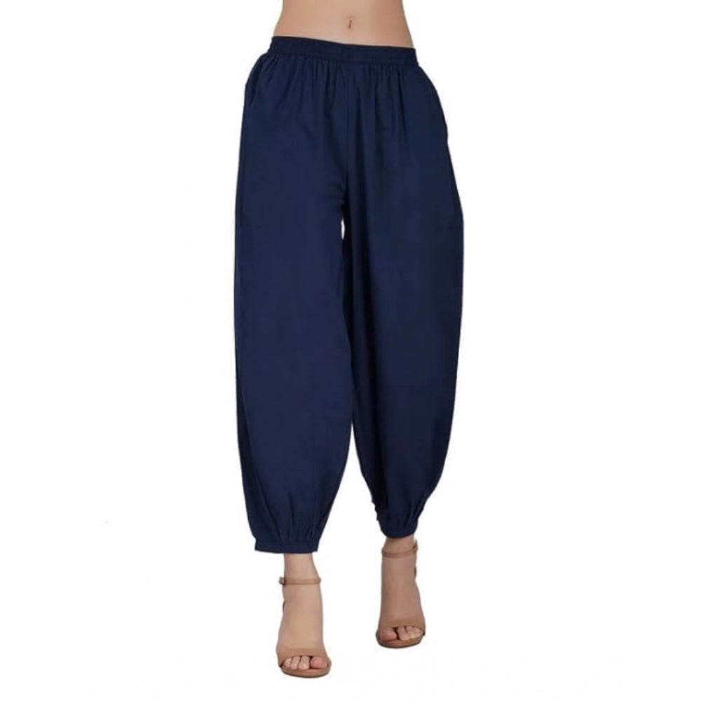 Amfyn Women's Casual Cotton Cambric Solid Elastic Waist Patiala Harem Pants (Navy Blue)