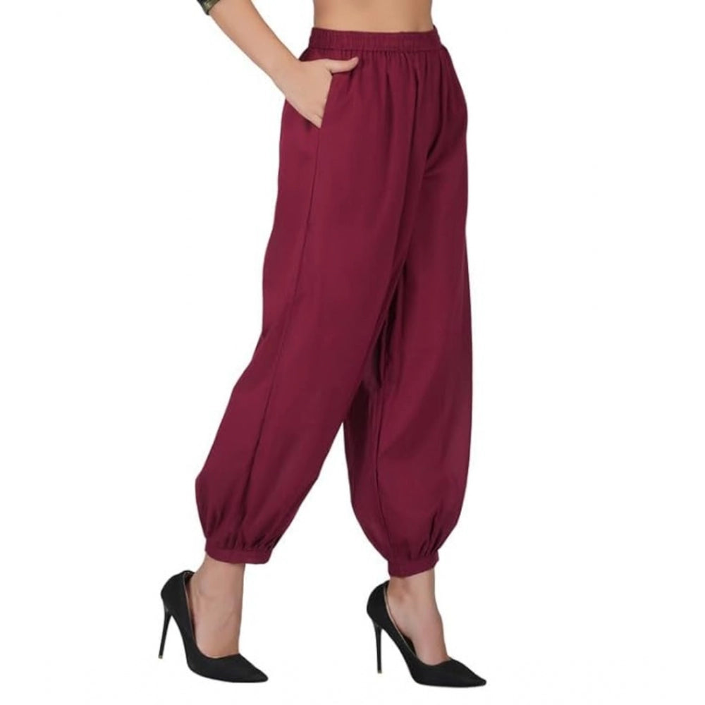 Amfyn Women's Casual Cotton Cambric Solid Elastic Waist Patiala Harem Pants (Maroon)