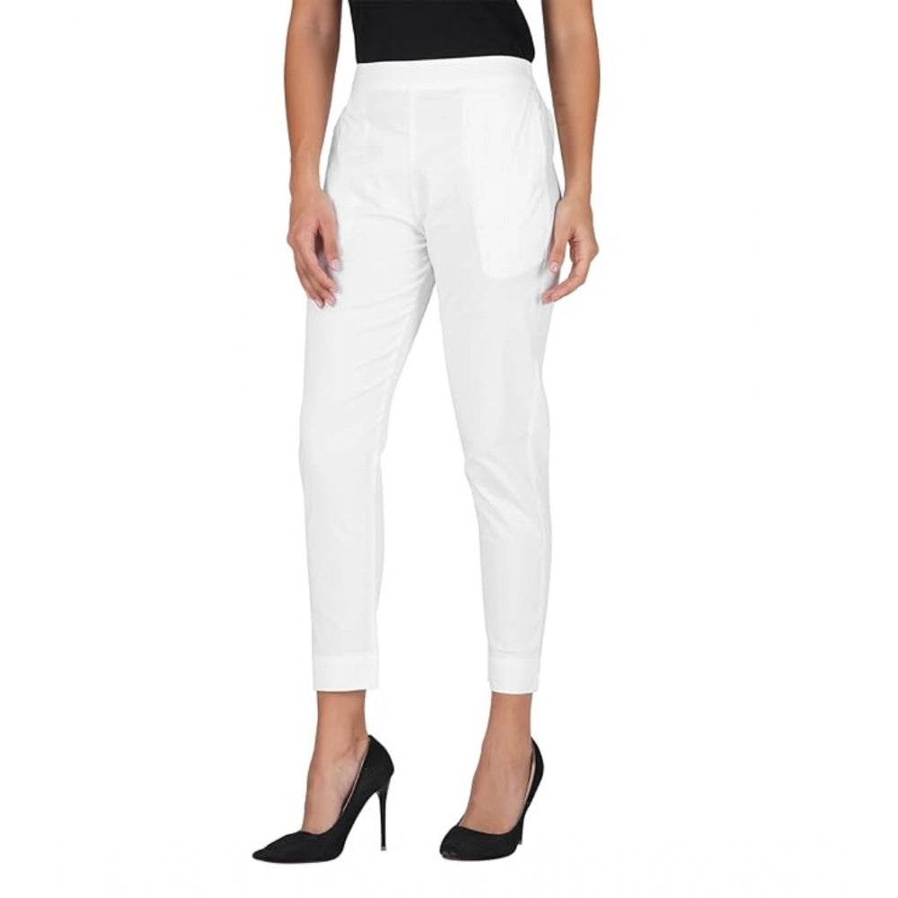 Amfyn Women's Casual Cotton Lycra Solid Trouser Pants (White)