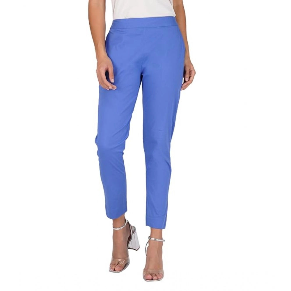 Amfyn Women's Casual Cotton Lycra Solid Trouser Pants (Blue)