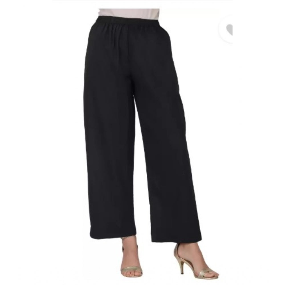 Amfyn Women's Casual Cotton Cambric Solid Elastic Palazzo Trousers (Black)