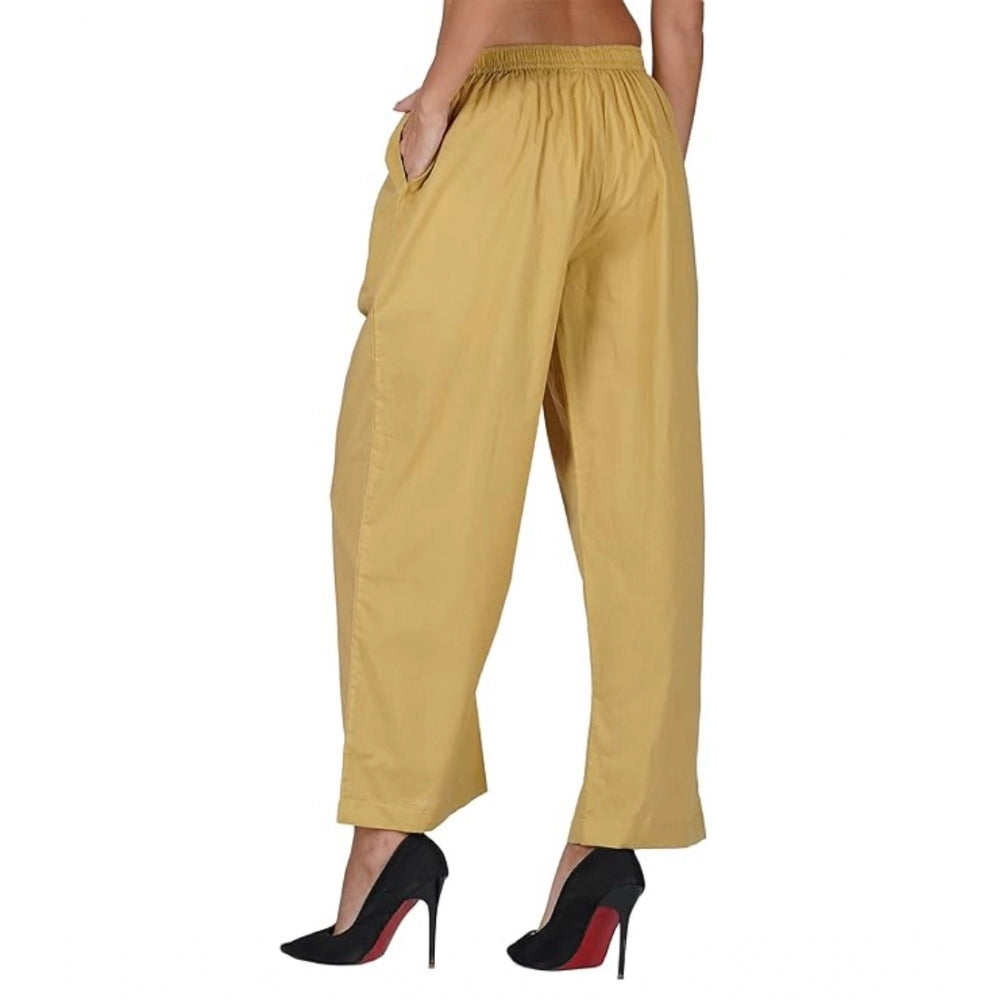 Amfyn Women's Casual Cotton Cambric Solid Elastic Palazzo Trousers (Beige)