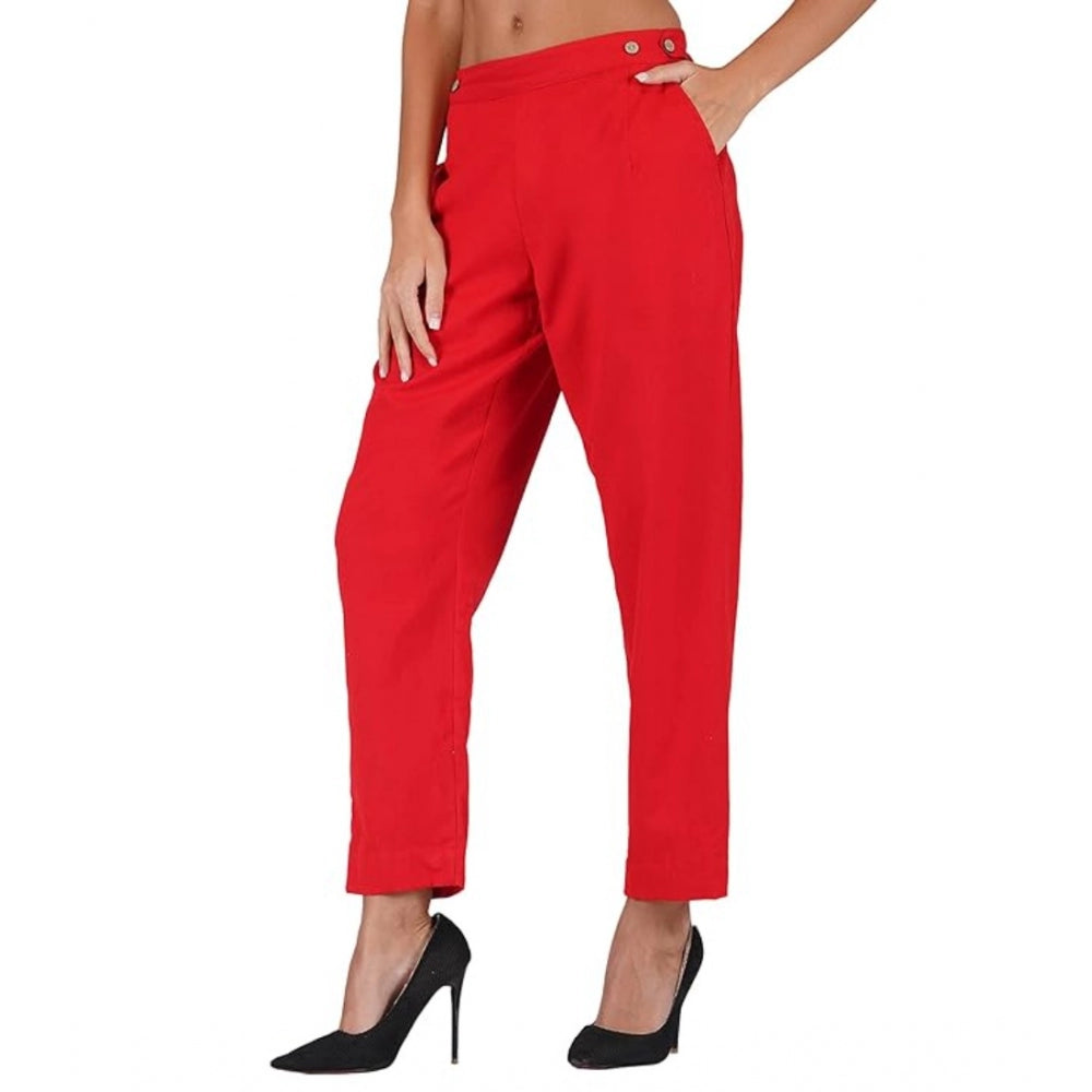 Amfyn Women's Casual Cotton Flax Solid Adjustable Waist Trouser Pants (Red)