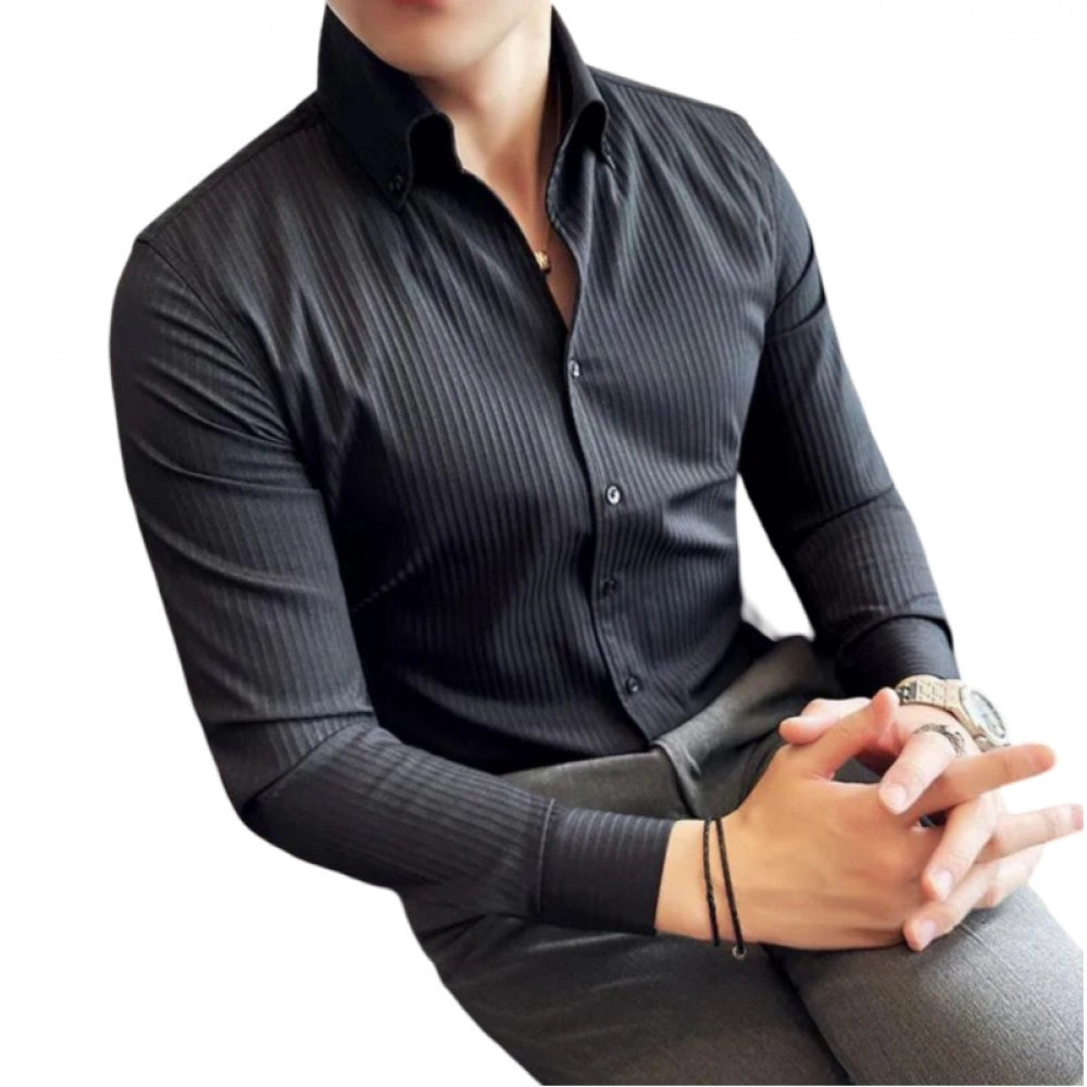 Amfyn Men's Casual Full Sleeve Striped Cotton Blended Shirt (Black)