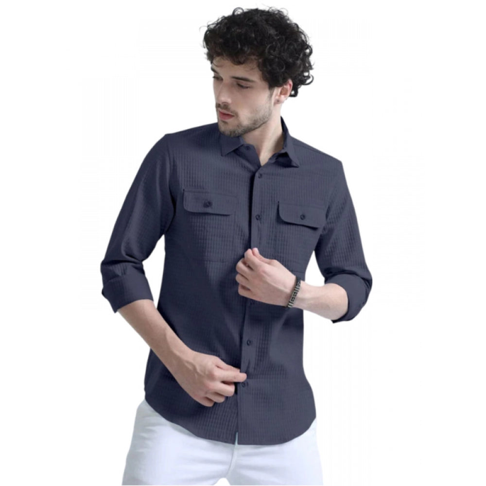 Amfyn Men's Casual Short Sleeve Striped Cotton Blended Shirt (Dark Grey)