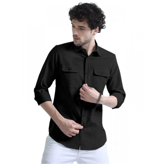 Amfyn Men's Casual Short Sleeve Striped Cotton Blended Shirt (Black)