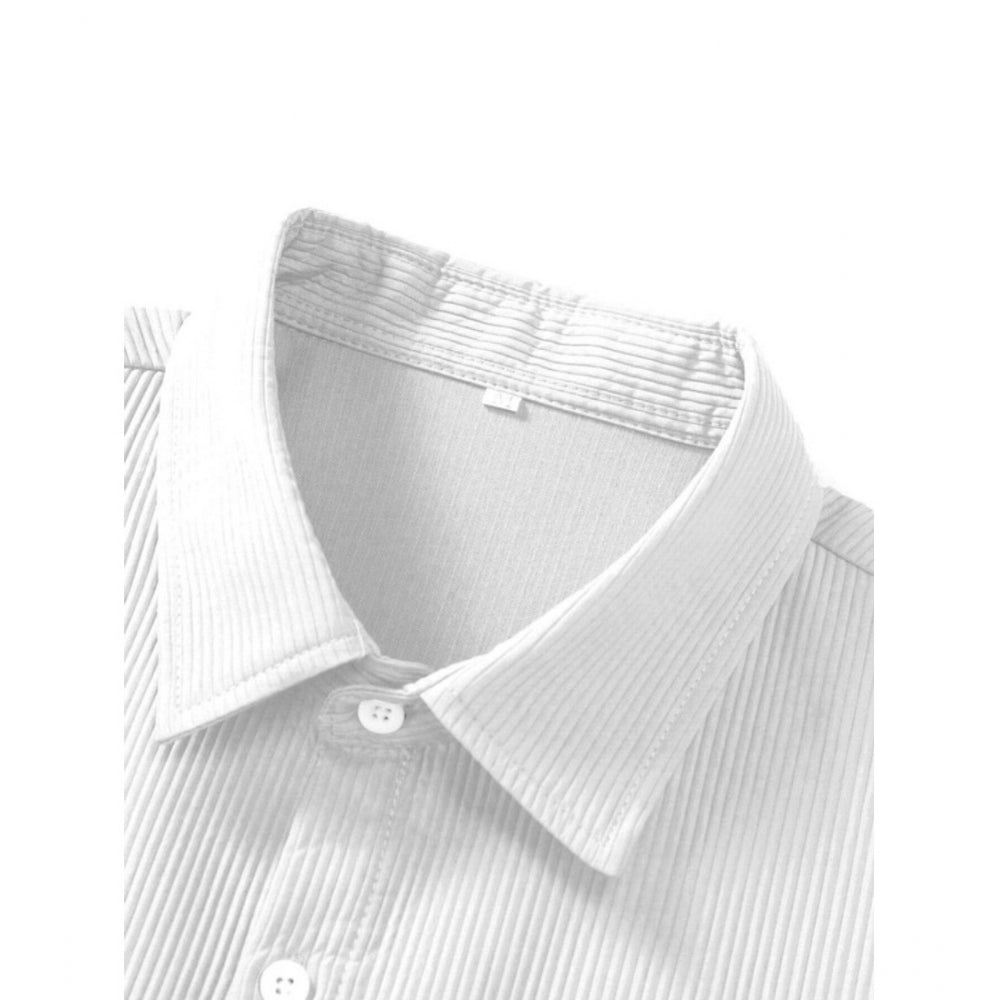 Amfyn Men's Casual Short Sleeve Striped Cotton Blended Shirt (White)