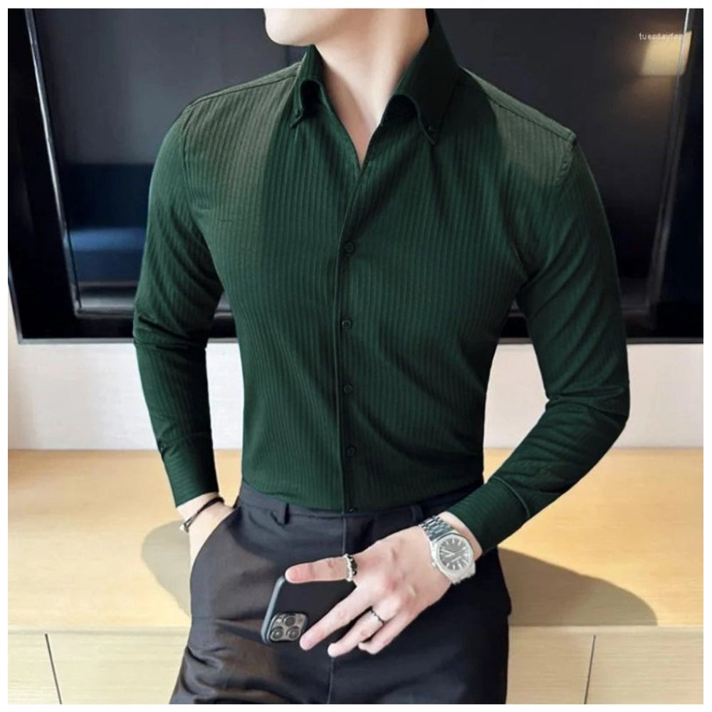 Amfyn Men's Casual Full Sleeve Striped Cotton Blended Shirt (Green)