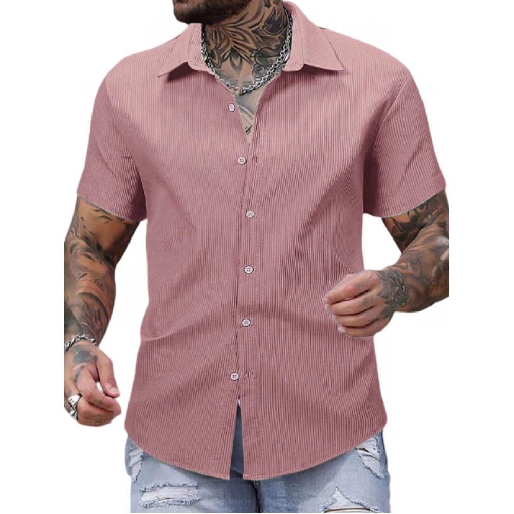 Amfyn Men's Casual Short Sleeve Striped Cotton Blended Shirt (Pink)