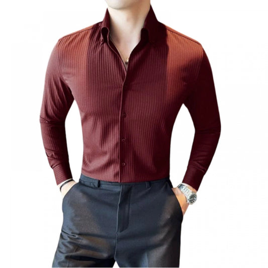 Amfyn Men's Casual Full Sleeve Striped Cotton Blended Shirt (Maroon)