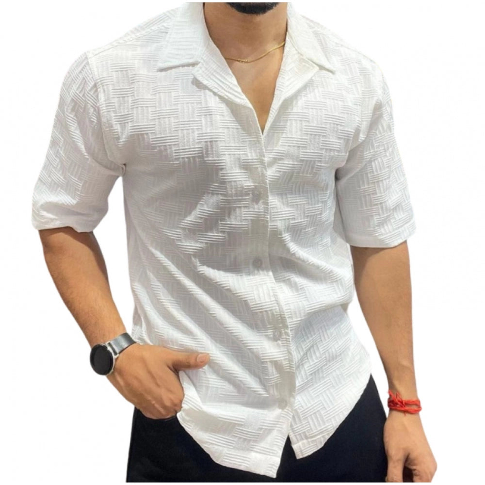 Amfyn Men's Casual Full Sleeve Strip Line Cotton Blended Shirt (White)