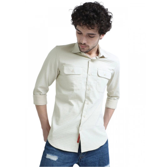 Amfyn Men's Casual Full Sleeve Striped Cotton Blended Shirt (Cream)