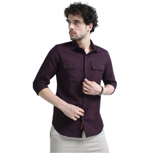 Amfyn Men's Casual Short Sleeve Striped Cotton Blended Shirt (Maroon)