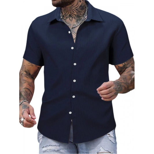 Amfyn Men's Casual Short Sleeve Striped Cotton Blended Shirt (Navy)