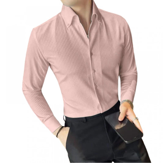 Amfyn Men's Casual Full Sleeve Striped Cotton Blended Shirt (Pink)