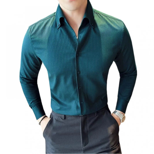 Amfyn Men's Casual Full Sleeve Striped Cotton Blended Shirt (Teal)