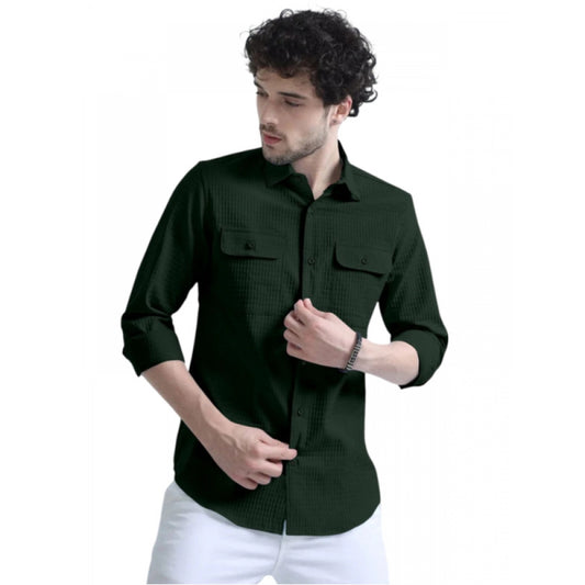 Amfyn Men's Casual Short Sleeve Striped Cotton Blended Shirt (Green)