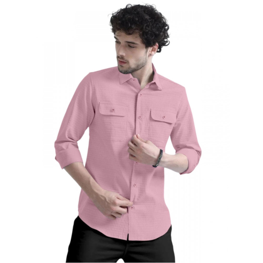 Amfyn Men's Casual Short Sleeve Striped Cotton Blended Shirt (Pink)