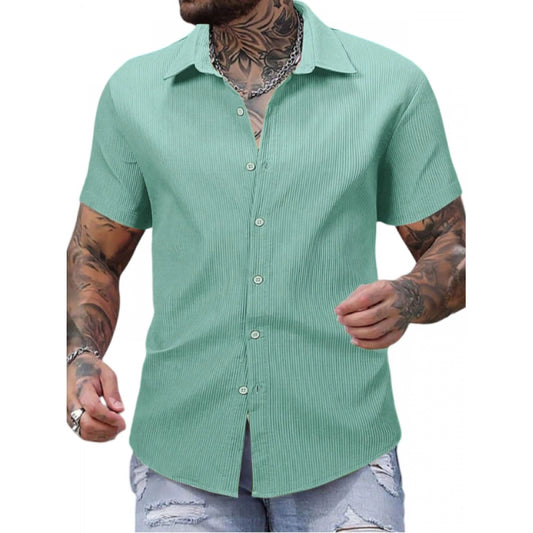 Amfyn Men's Casual Short Sleeve Striped Cotton Blended Shirt (Green)