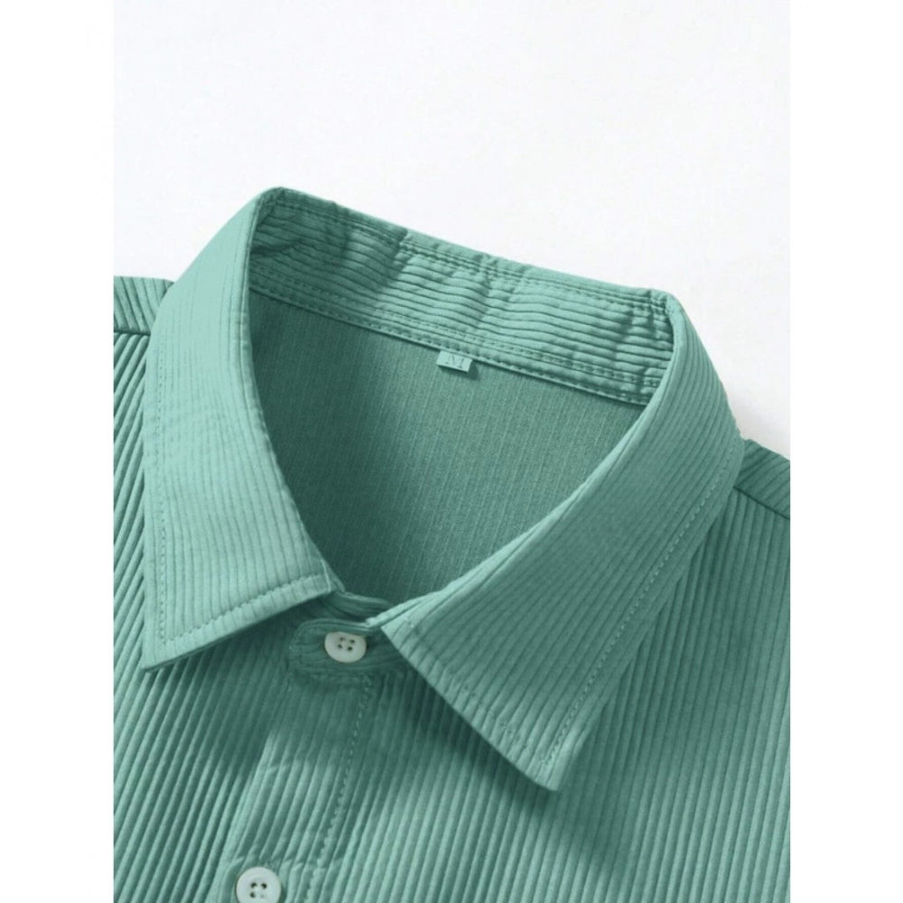 Amfyn Men's Casual Short Sleeve Striped Cotton Blended Shirt (Green)