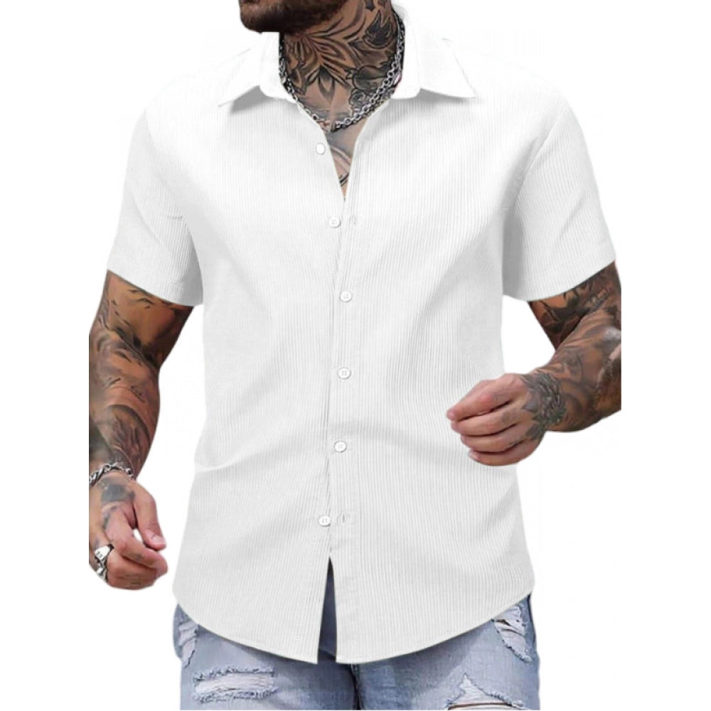 Amfyn Men's Casual Short Sleeve Striped Cotton Blended Shirt (White)