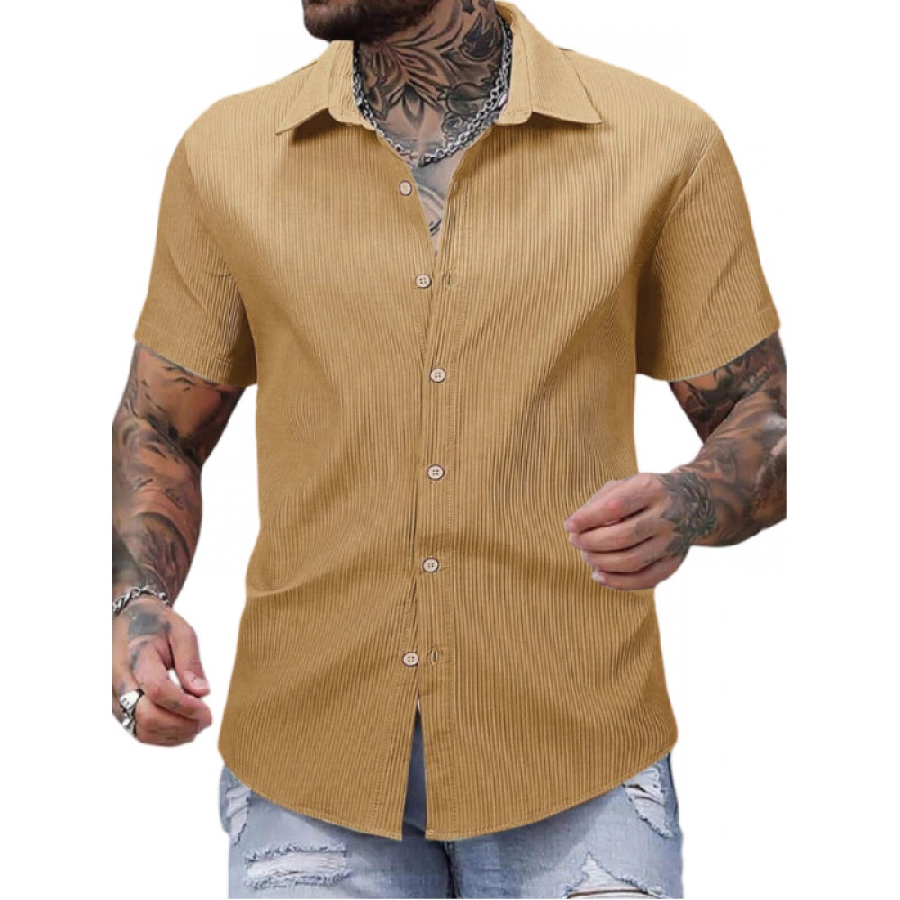 Amfyn Men's Casual Short Sleeve Striped Cotton Blended Shirt (Yellow)