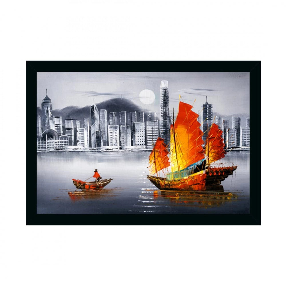 Amfyn Boat Painting Painting with Synthetic Photo Frame (Multicolor)