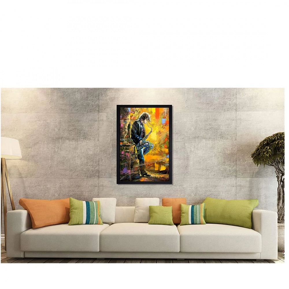 Amfyn Boy Playing Saxophone Modern Art Painting with Synthetic Photo Frame (Multicolor)