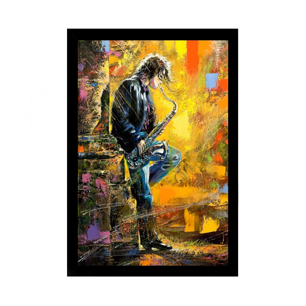 Amfyn Boy Playing Saxophone Modern Art Painting with Synthetic Photo Frame (Multicolor)