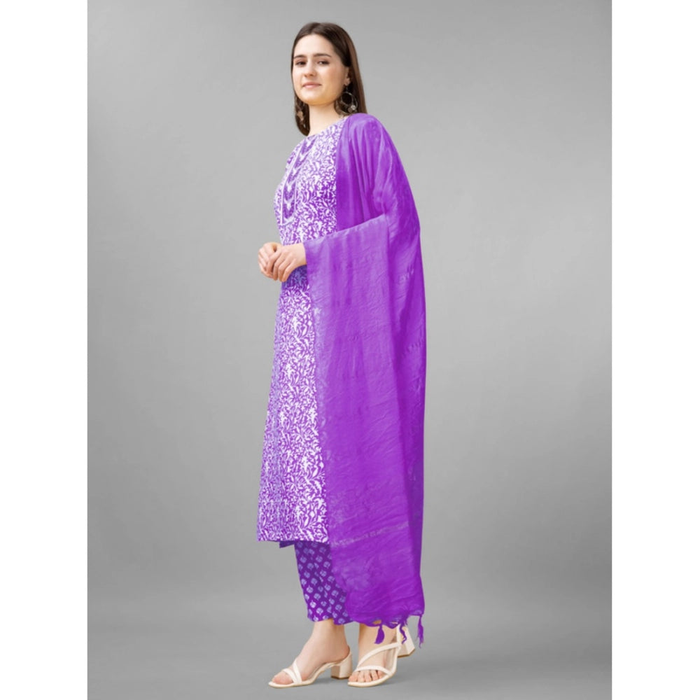 Amfyn Women's Casual 3-4 th Sleeve Embroidery Rayon Kurti Pant Dupatta Set (Purple)