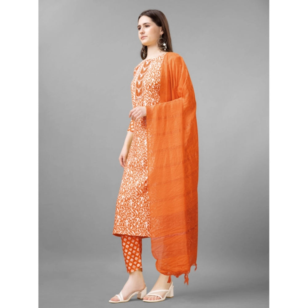 Amfyn Women's Casual 3-4 th Sleeve Embroidery Rayon Kurti Pant Dupatta Set (Orange)