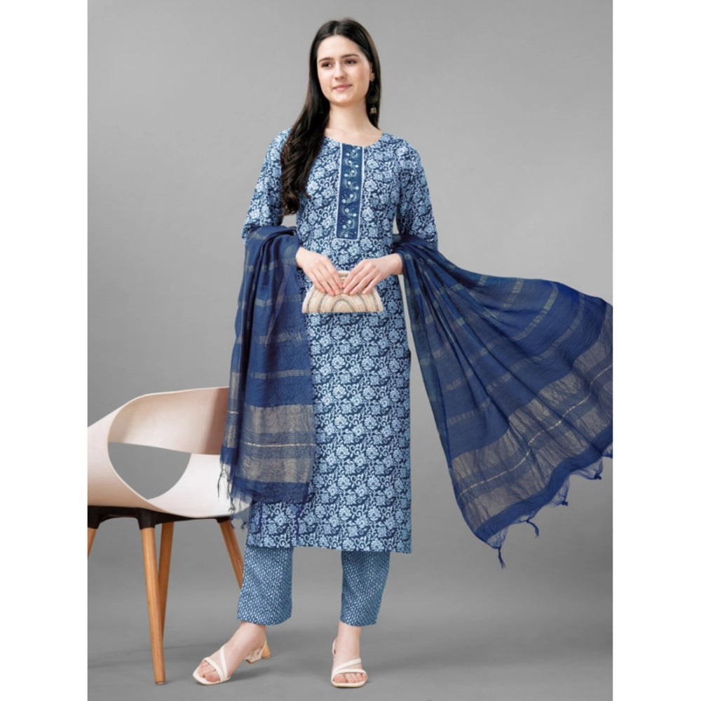 Amfyn Women's Casual 3-4 th Sleeve Embroidery Rayon Kurti Pant Dupatta Set (Light Blue)