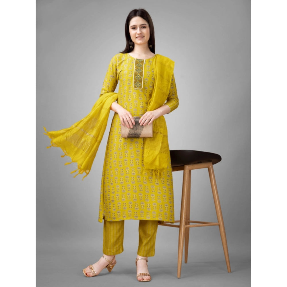 Amfyn Women's Casual 3-4 th Sleeve Embroidery Rayon Kurti Pant Dupatta Set (Yellow)