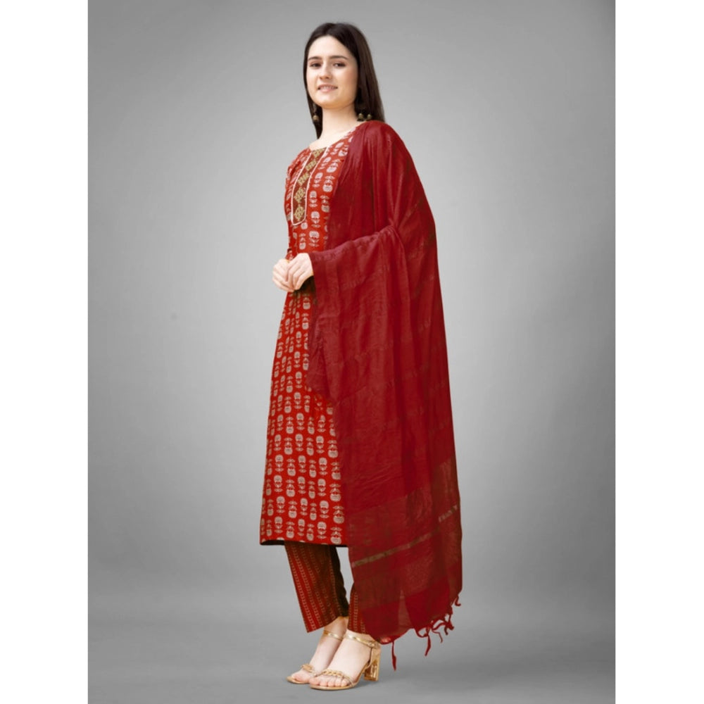 Amfyn Women's Casual 3-4 th Sleeve Embroidery Rayon Kurti Pant Dupatta Set (Maroon)