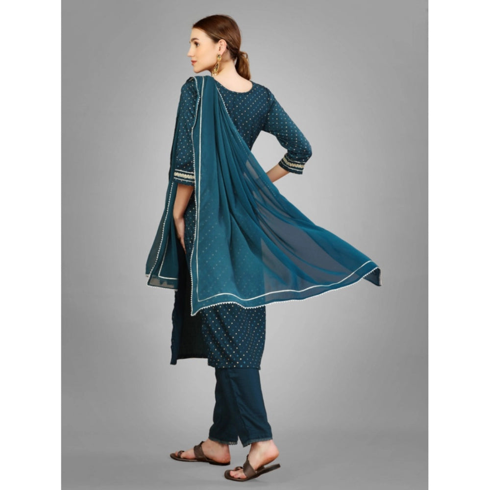 Amfyn Women's Casual 3-4 th Sleeve Embroidery Silk Blend Kurti Pant Dupatta Set (Blue)