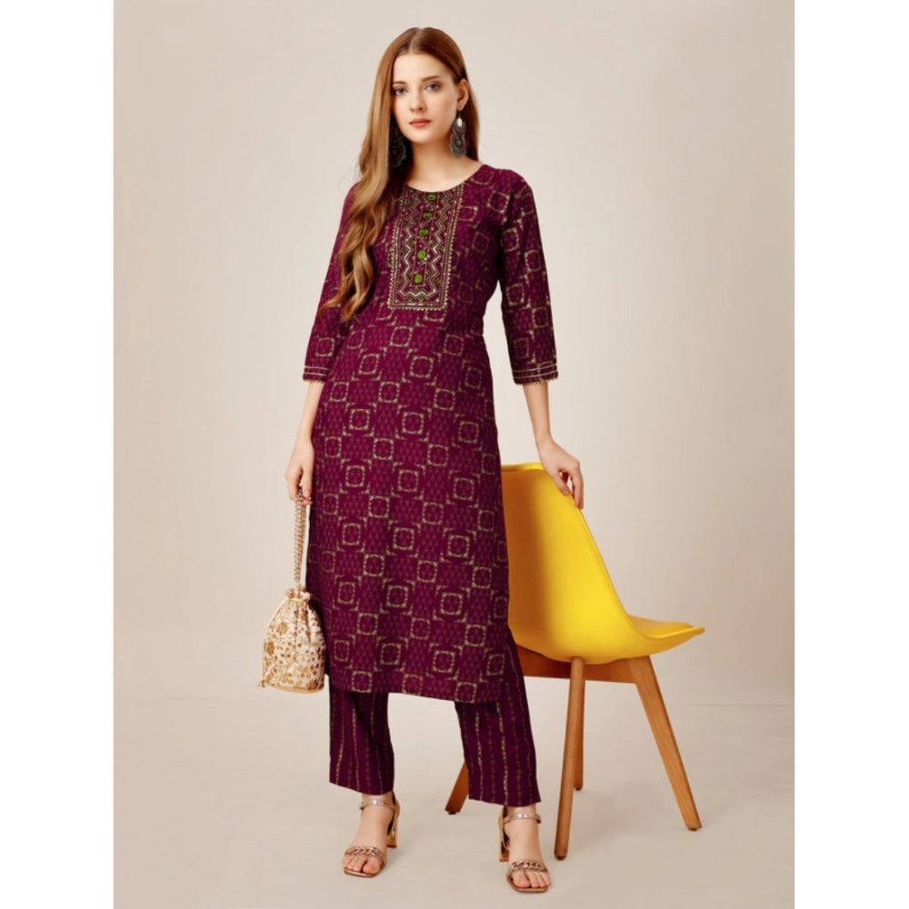 Amfyn Women's Casual 3-4 th Sleeve Embroidery Rayon Kurti Pant Set (Purple)