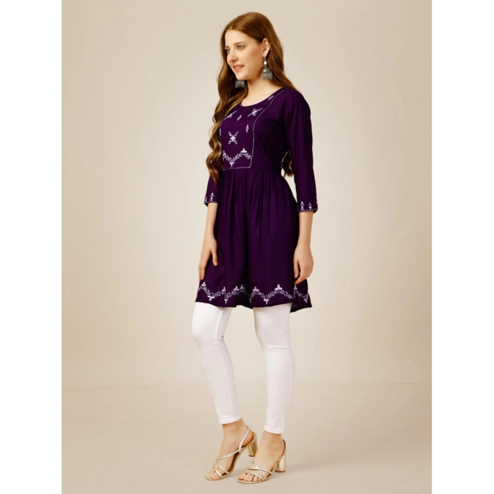 Amfyn Women's Casual 3-4 th Sleeve Embroidered Rayon Tunic Top (Purple)