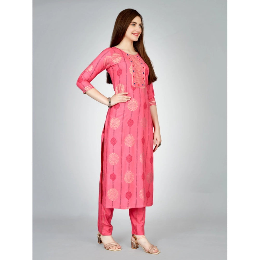 Amfyn Women's Casual 3-4 th Sleeve Embroidery Rayon Kurti Pant Set (Pink)