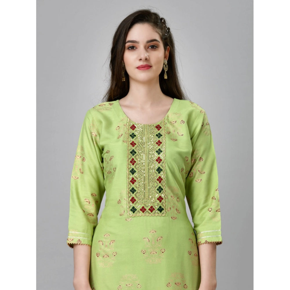 Amfyn Women's Casual 3-4 th Sleeve Embroidery Rayon Kurti Pant Set (Light Green)