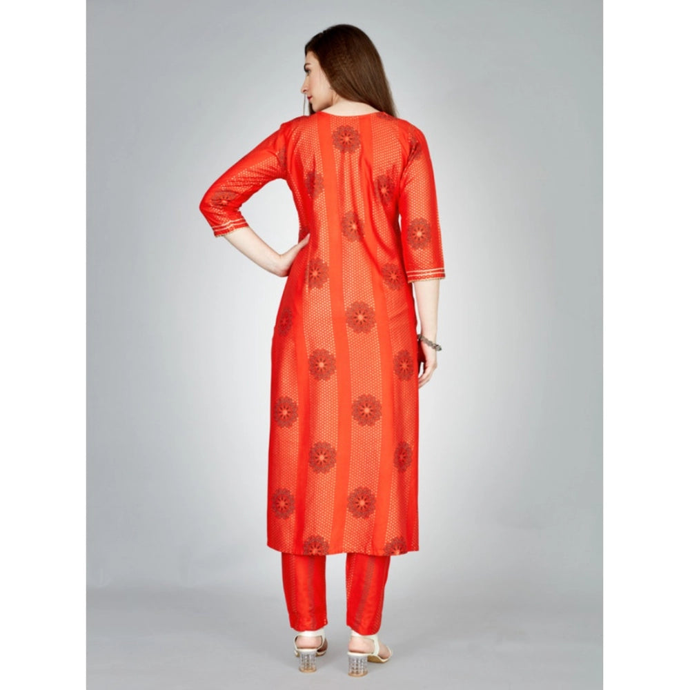 Amfyn Women's Casual 3-4 th Sleeve Embroidery Rayon Kurti Pant Set (Orange)