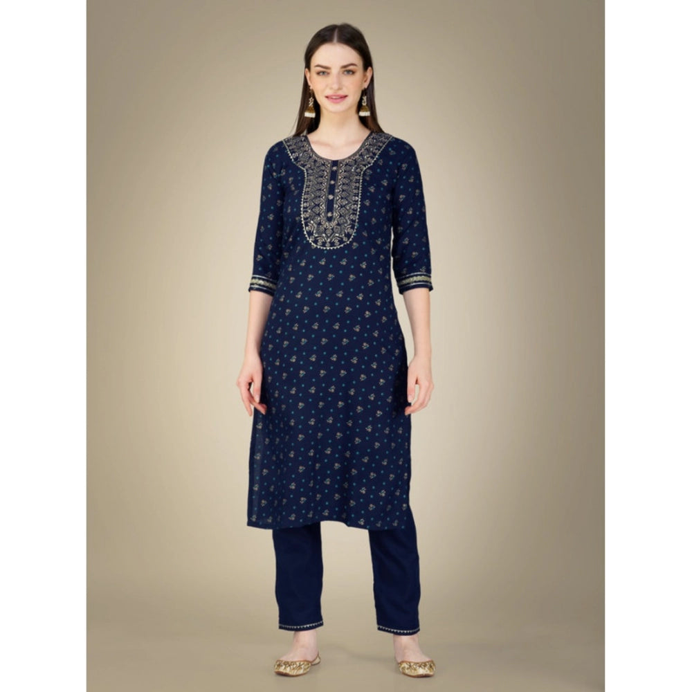 Amfyn Women's Casual 3-4 th Sleeve Embroidery Cotton Kurti Pant Dupatta Set (Dark Blue)