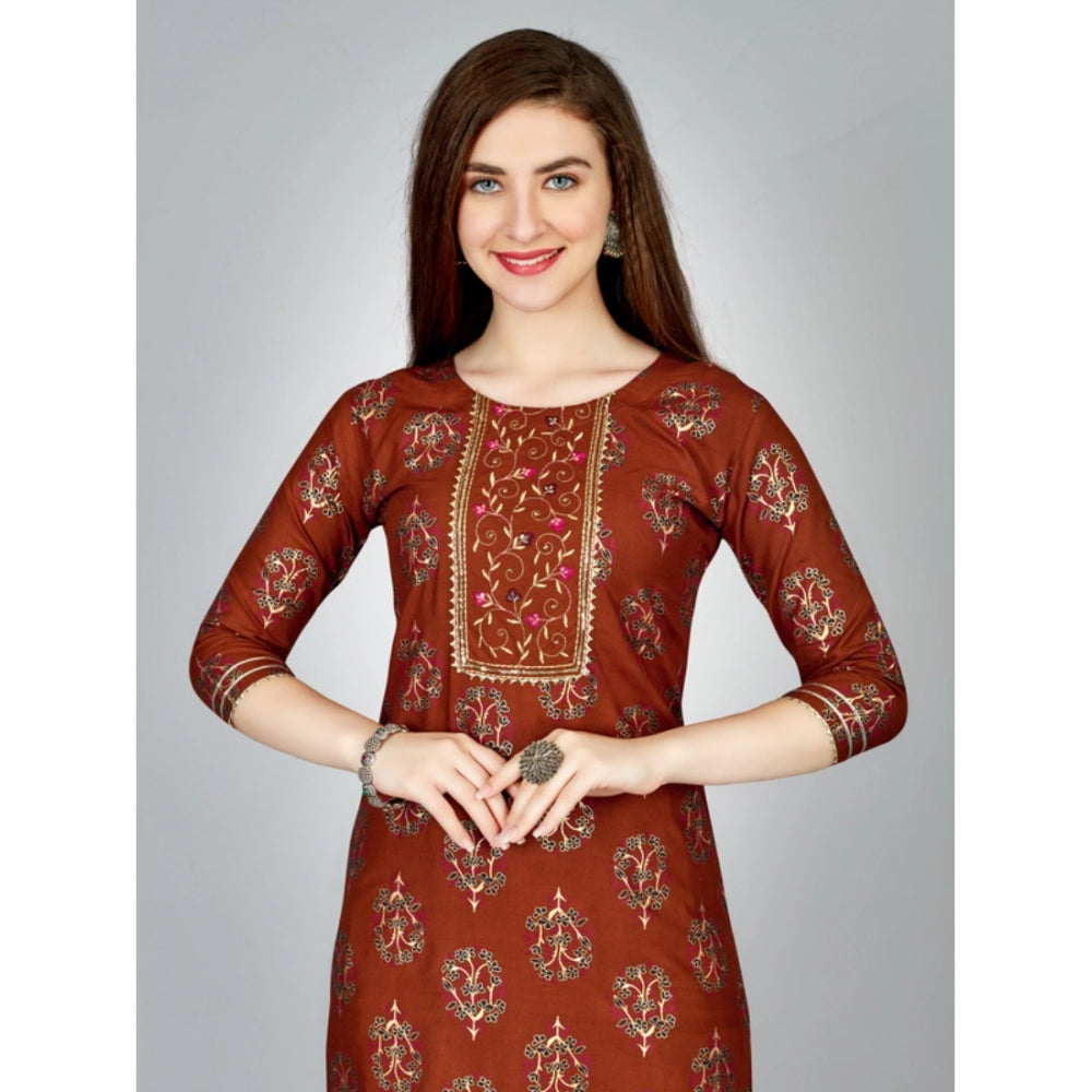 Amfyn Women's Casual 3-4 th Sleeve Embroidery Rayon Kurti Pant Set (Brown)