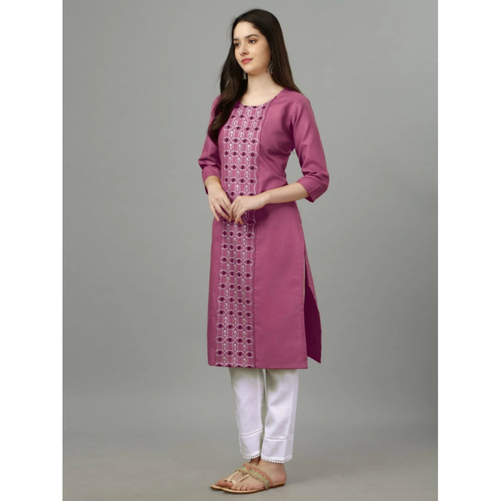 Amfyn Women's Casual 3-4 th Sleeve Embroidery Cotton Kurti (Purple)