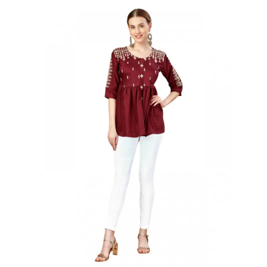 Amfyn Women's Casual 3-4 th Sleeve Embroidered Silk Tunic Top (Rust)