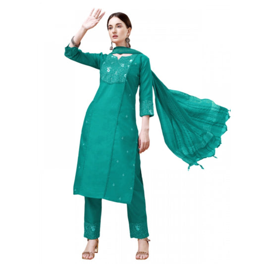 Amfyn Women's Casual 3-4 th Sleeve Embroidery Cotton Kurti Pant Dupatta Set (Rama)