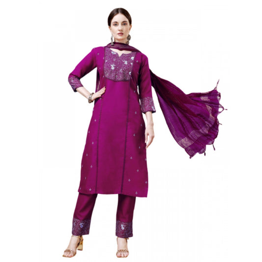 Amfyn Women's Casual 3-4 th Sleeve Embroidery Cotton Kurti Pant Dupatta Set (Purple)