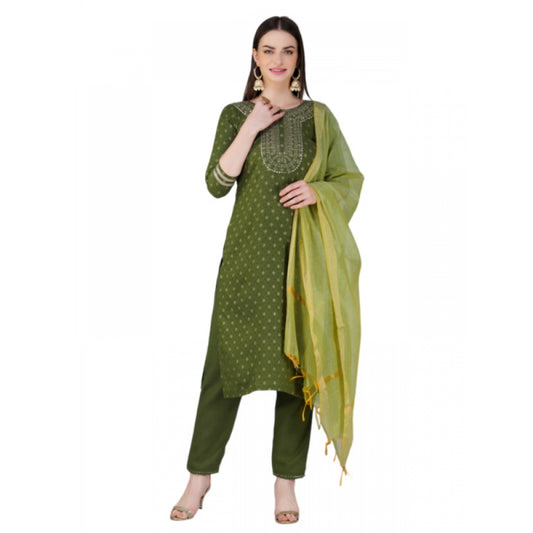 Amfyn Women's Casual 3-4 th Sleeve Embroidery Cotton Kurti Pant Dupatta Set (Green)